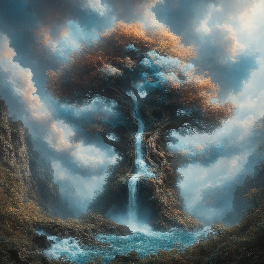 fluffy gnarly magical tree made out of stormy clouds, a perfect photography by Andree Wallin, Mark Mann, Marc Simonetti, Albrecht Dürer, wlop, Jeremy Geddes, vibrant colors, intricate artwork masterpiece, trending on artstation and cgsociety, impressive, stunning, beautiful, cloudy, fluffy heavenly scenery, amazing depth, hyperdetailed, artistic, nanopunk, surreal waterfall, surreal photorealism