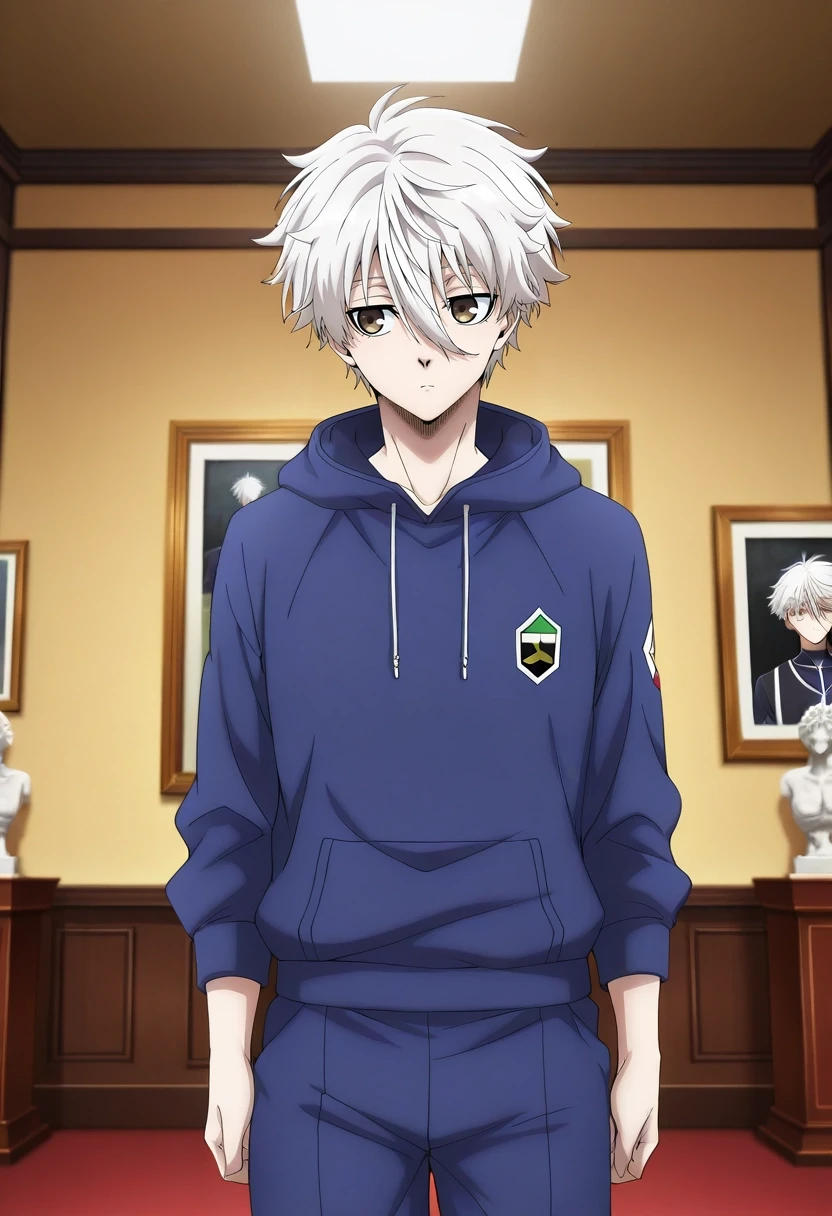 masterpiece, best quality, intricate details, anime screencap, , official style, , , 1boy, solo, male focus, <lora:seishirou_nagi_ilxl:1>, seishirou_nagi, white hair, brown eyes, short hair, bangs, hair between eyes, art gallery, paintings, sculpture displays, high ceiling, admiring pose, thoughtful expression, indoor lighting, Jumpsuit, Sweatshirt, , ,