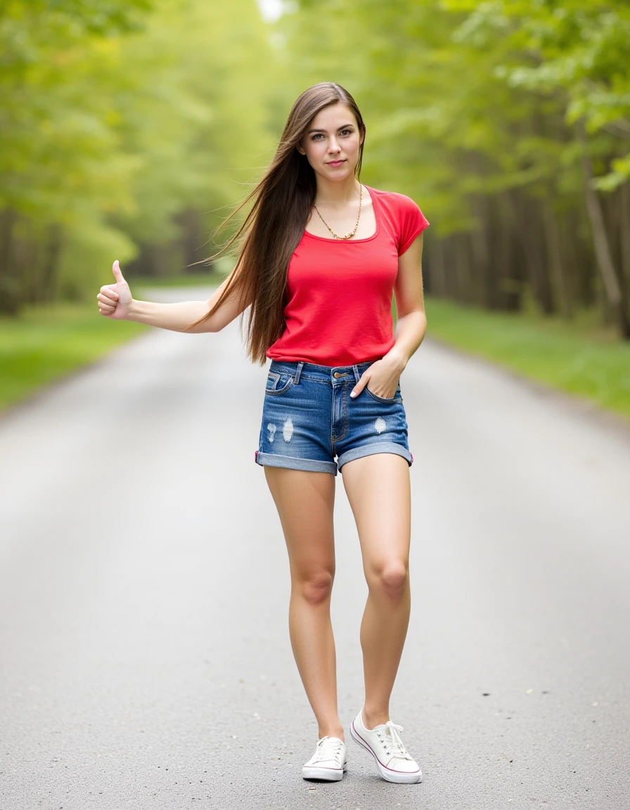 hithik, thuup, front view , 
(slim 25yo girl) hitchhiking with thumb up at a road in nature. The woman wears denim shorts, red top, sneakers, necklace 
and has  brunette hair 
 <lora:HitchhikeFlux.1.0:1>