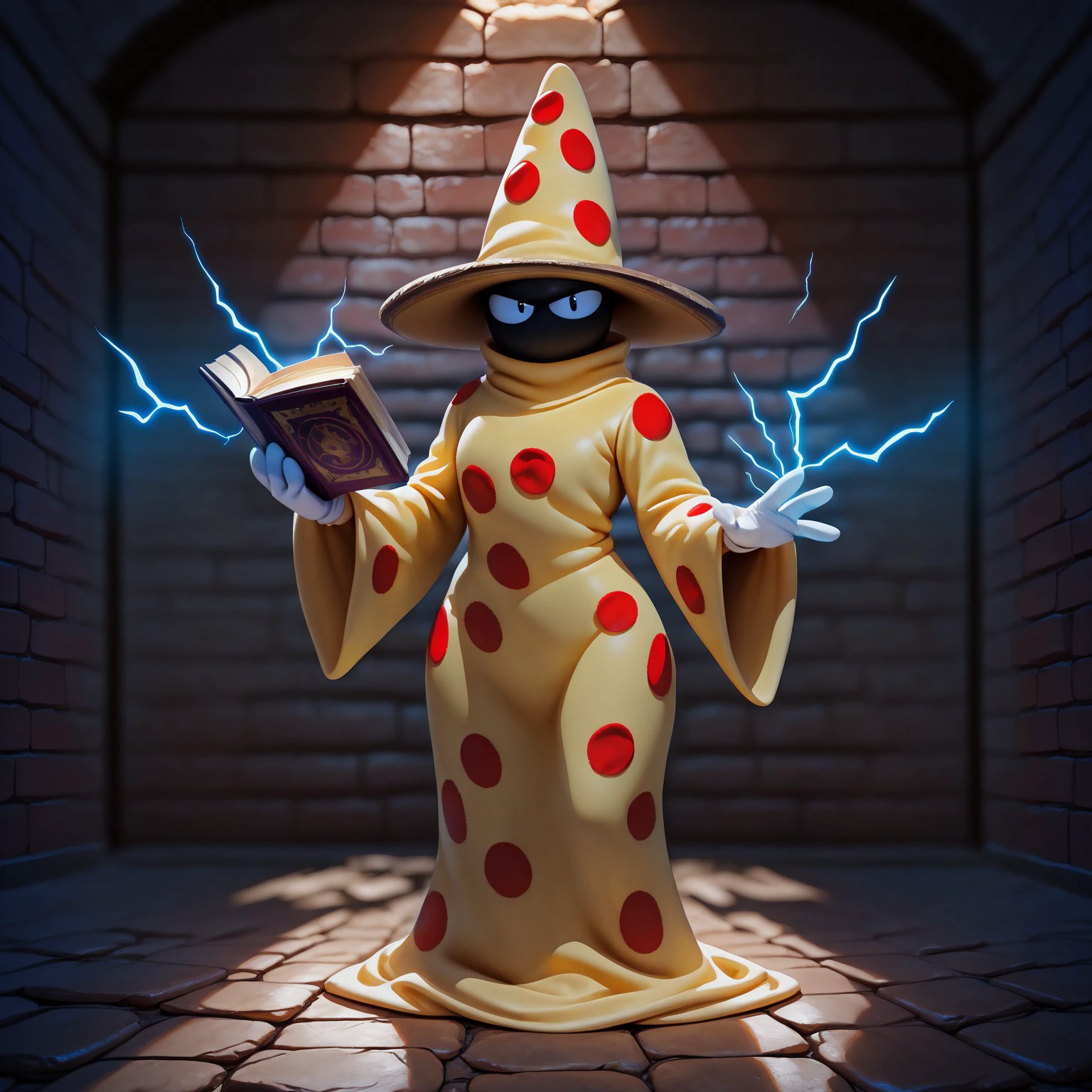 realistic, masterpiece, best quality, newest, absurdres, highres, pizzard, solo, full body, hat, polka dot, black eyes, black skin, robe, long sleeves, white gloves, fewer digits, looking at viewer, holding book, outstretched hand, electricity, BREAK, dungeon, perspective