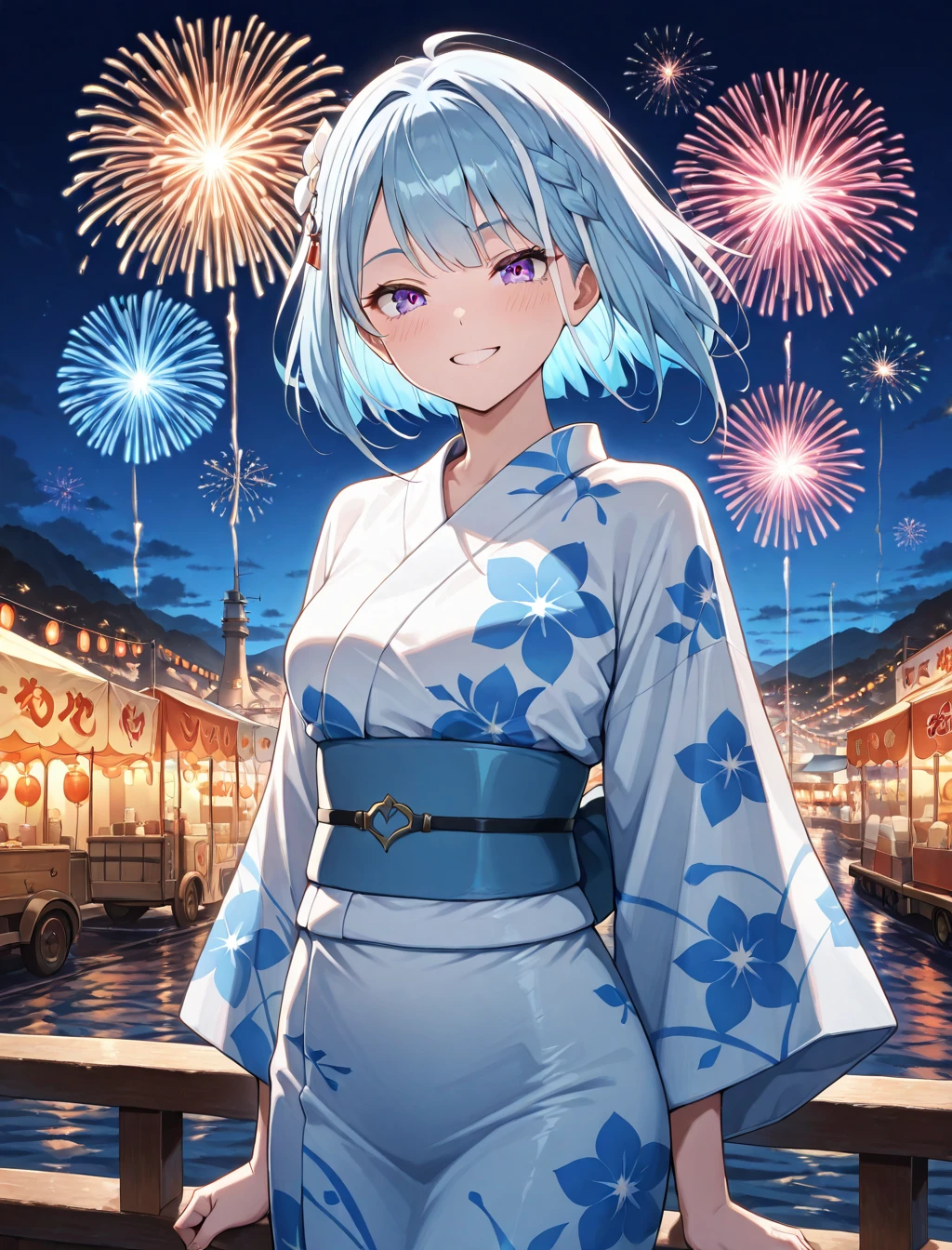 (masterpiece) ,best quality,amazing quality,very aesthetic,absurdres,newest, highres, anime style, BREAK  NC_Landy,  smile, port, fully clothed, safe, ((yukata)), fireworks, festival, colorful festival