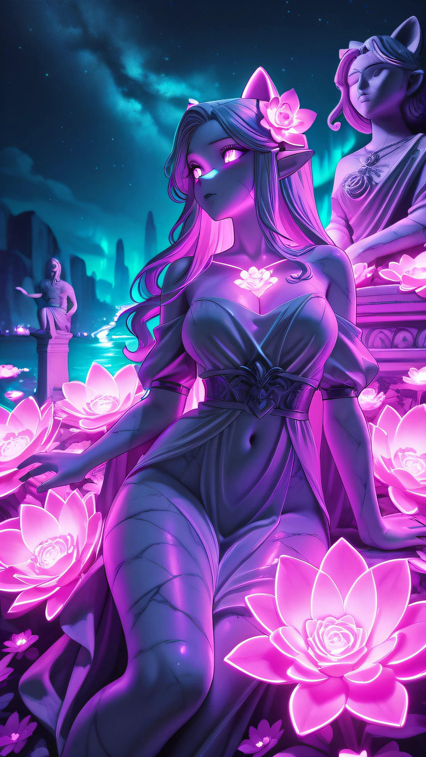 ,masterpiece,best quality,newest,  <lora:Statue_Glow:1.0> statueglow, 1girl, flowers, sexy, neon,  statue, night, sky,