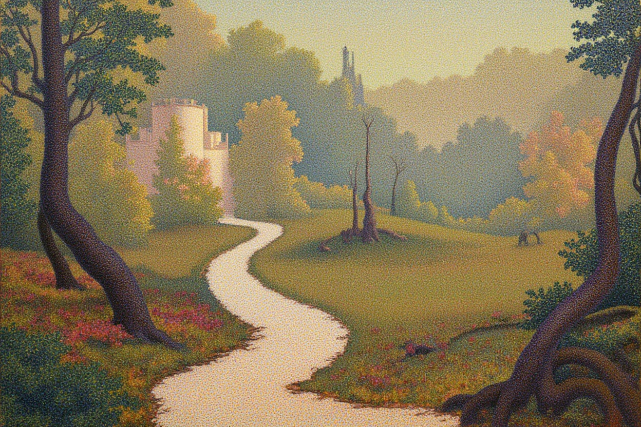 dotted truepointilli painting of a summer landscape