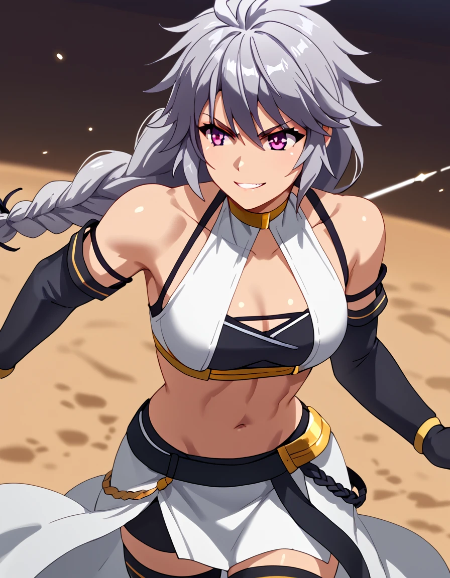 score_9, score_8_up, score_7_up, score_6_up, score_5_up, score_4_up, source_anime,  <lora:MasterofRagnarok:1>, dynamic pose, smirk, action,  sigrun, purple eyes, grey hair, long hair, single braid, braid, navel, midriff, gloves, elbow gloves, thighhighs,