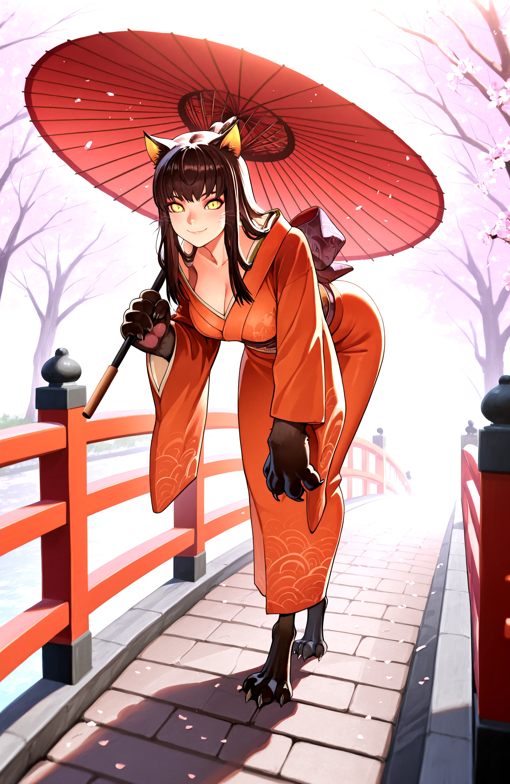 <lora:KashaV3_epoch_8:0.75> kasha_nioh, leaning_forward, animal_feet, animal_hands, kimono, holding_umbrella, cherry_blossoms, bridge, smile, sunlight, tree,, masterpiece,best quality,absurdres, amazing quality