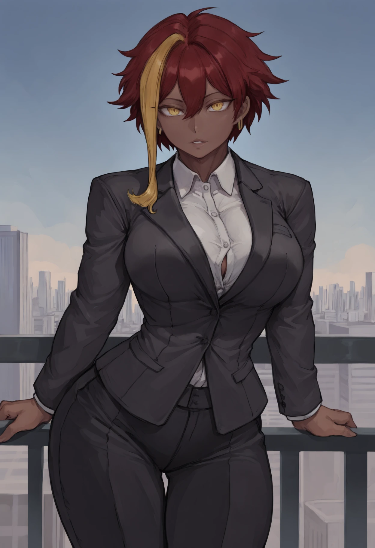 masterpiece, best quality, 1girl, dark-skinned female, yellow eyes, short hair, red hair, yellow hair, multicolored hair, single sidelock, large breasts, toned,
earrings, black blazer, businesswear, black pants, suit pants, 
looking at viewer, parted lips,
outdoors, office, balcony, city,
<lora:Marle-Barrock-NoobAi-1.1_V1-Manityro-CAME:1>,