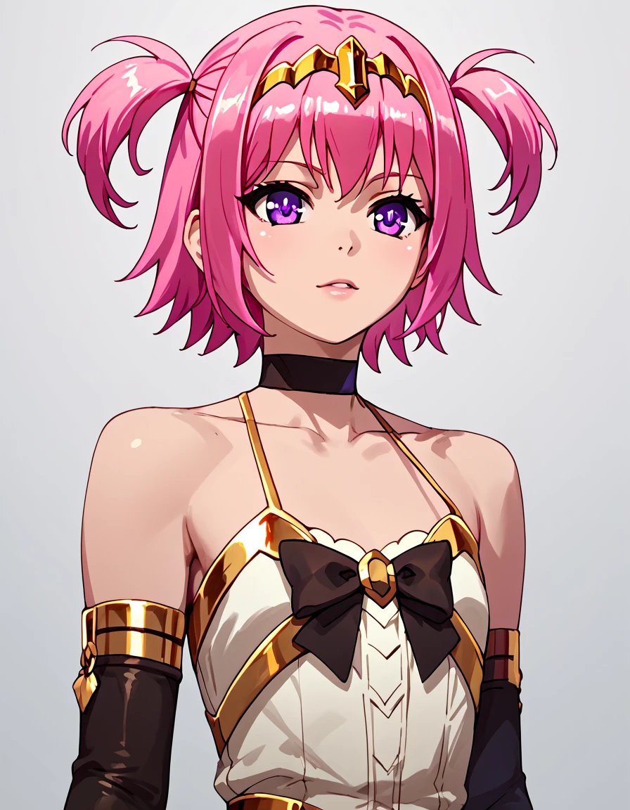 score_9, score_8_up, score_7_up, score_6_up, score_5_up, score_4_up, source_anime,  <lora:MasterofRagnarok:1>, portrait,  linnea, purple eyes, pink hair, short hair, two side up, choker, black gloves, elbow gloves, bow, dress,