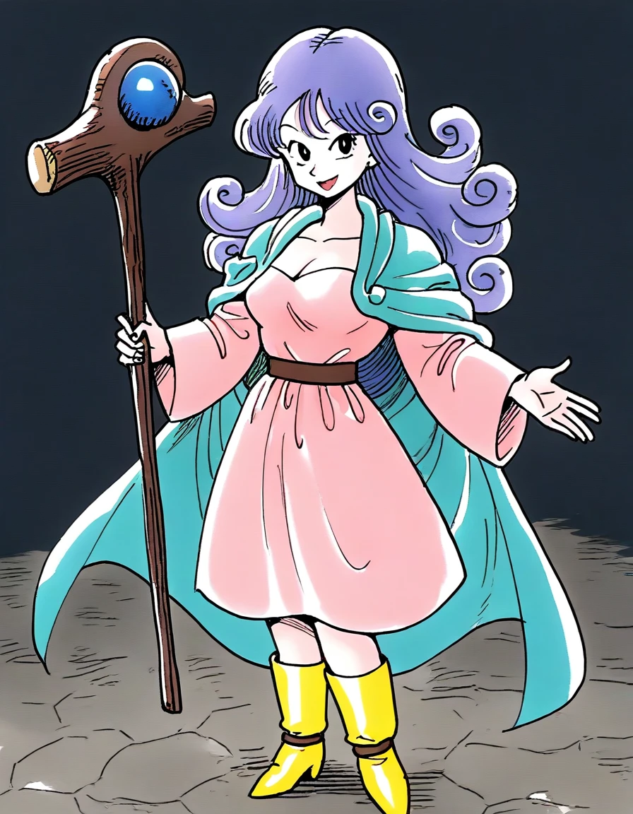 masterpiece, best quality, good quality,  <lora:Sage_DQâ¢_FC_IS:1>Sage_DQâ¢_FC, 1girl,black eyes, long hair, blue hair,  purple hair, sage (dq3), breasts, curly hair,
solo, yellow footwear, boots, staff, smile, full body, holding, holding staff, pink dress,  pink robem
long sleeves, wide sleeves, looking at viewer, standing, open mouth, bangs, 
collarbone