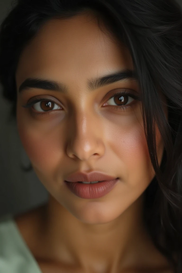 A realistic photo of aishuflx, a woman, close up, dark brown eyes, overhead studio lighting, well lit, High quality, advertisement look, blurred background