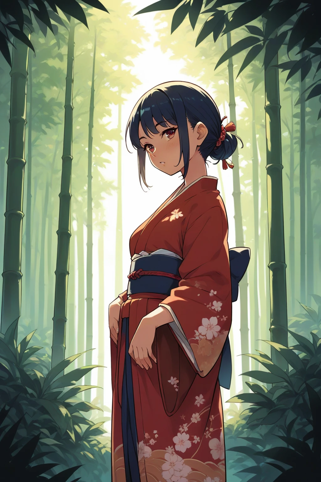 score_9, score_8_up, score_7_up, anime, 1girl, short_blue_hair, red_eyes, wearing_a_kimono, standing_in_a_bamboo_forest, sunlight_filtering_through