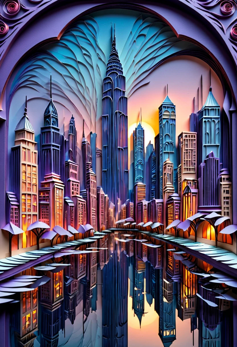 paper quilling, layered paper, cityscape, skyscrapers, twilight, reflective surfaces
