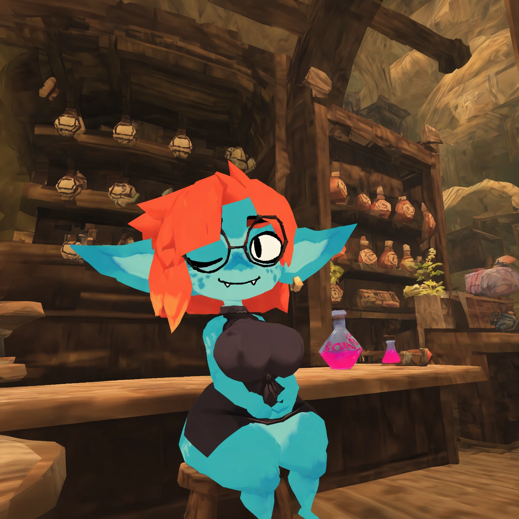 artist:atlyss, 3d \(artwork\), 2024, very aesthetic, newest, best quality, masterpiece, anthro, furry, solo, goblin, blue skin, humanoid pointy ears, female, solo, thick thighs, wide hips, big breasts, fully clothed, black dress, round eyewear, orange hair, short hair, parted bangs, earrings, sitting, hands on lap, counter, looking at viewer, smile, one eye closed, inside, shop, potion, potion bottle, shelf, bookshelf, scenery, <lora:atlyss3dDoubleNoobAI11:1>