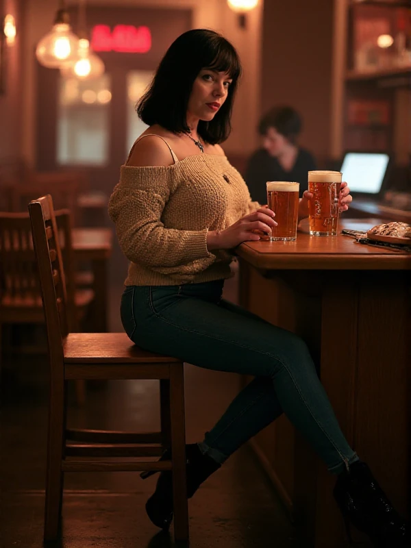 <lora:Donna:0.9> donna, 1girl, black hair, necklace, jewelry. She wears a pullover and jeans and higheels. She holds a beer in an english pub