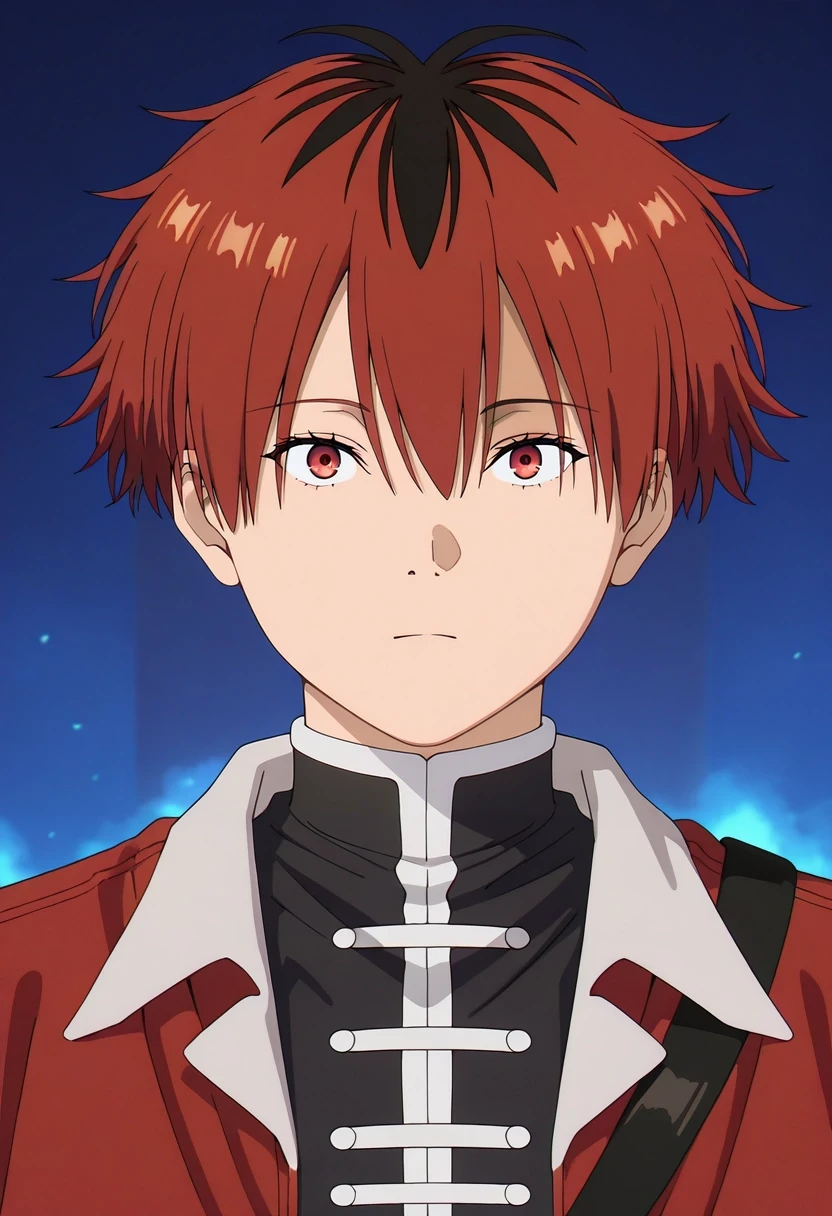 masterpiece, best quality, , semi-realistic, looking at viewer, , 1boy, solo, male focus, <lora:stark_sousou_no_frieren_ilxl:0.92>, stark_sousou_no_frieren, red hair, red eyes, short hair, bangs, hair between eyes, multicolored hair, two-tone hair, black hair, ,