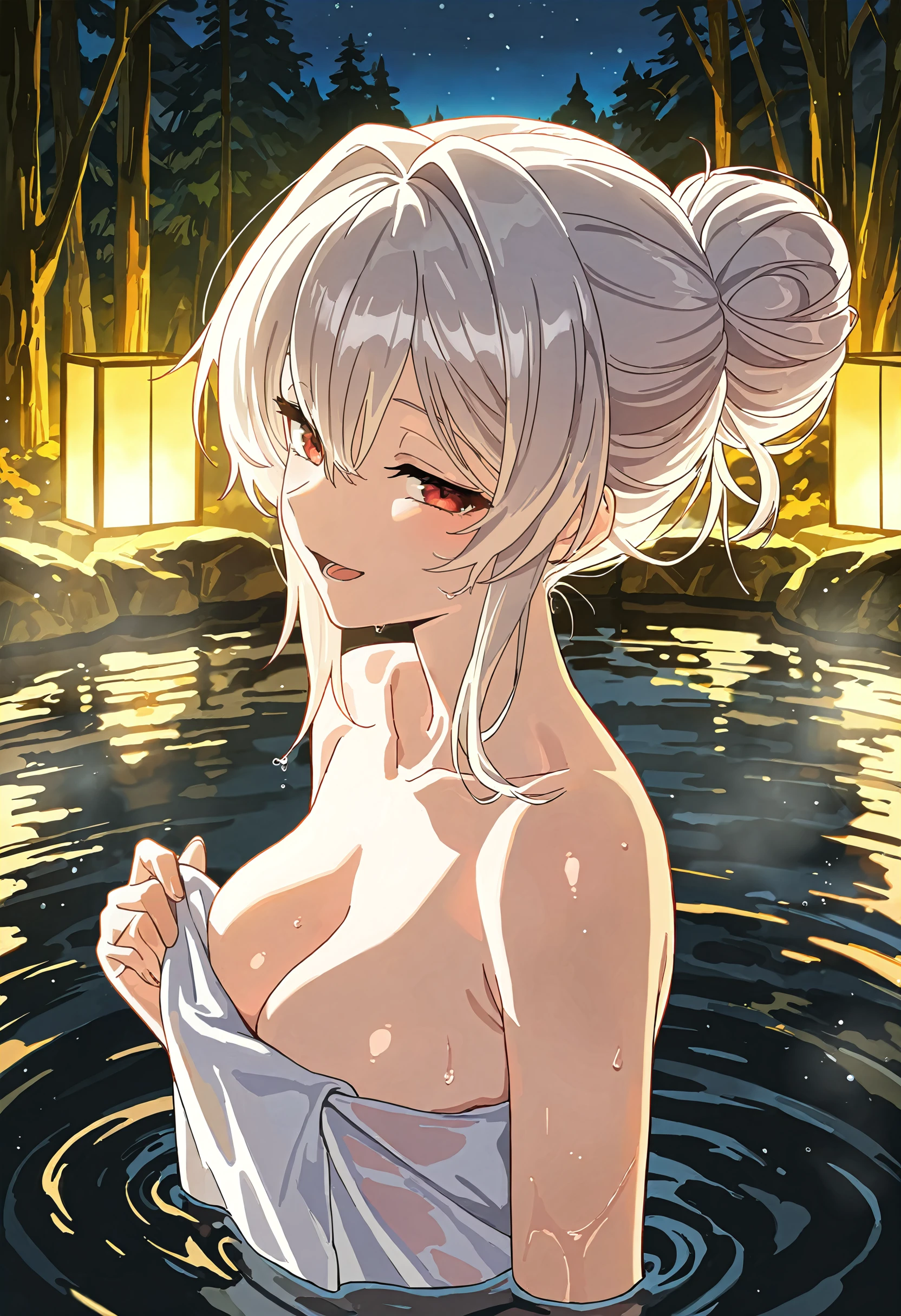 1girl, white hair, purple eyes, portrait, realistic, towel, (onsen), sidelighting, wallpaper, nsfw,
