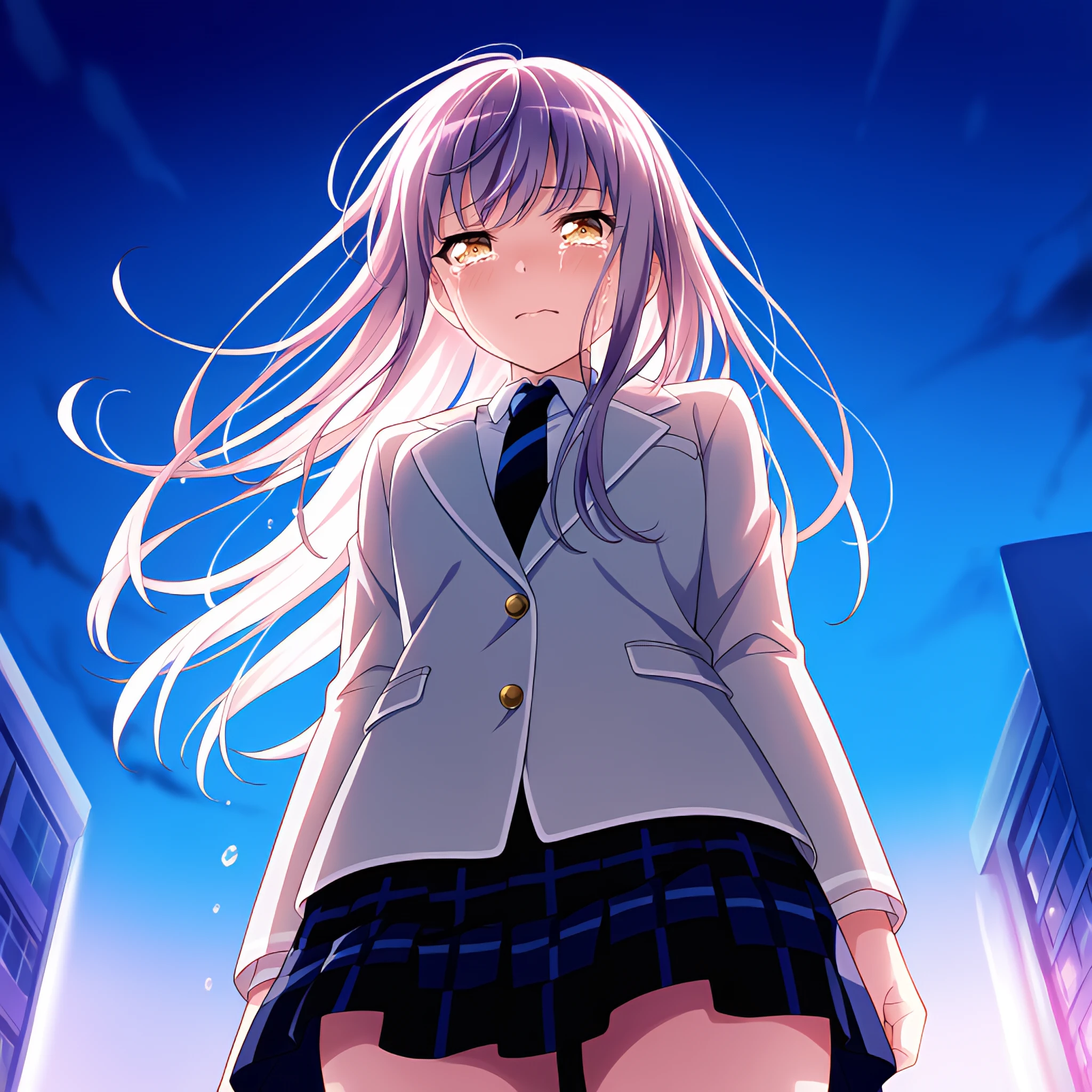 1girl, minatoyukina2, solo, closed mouth, cowboy shot, sad, crying, blue necktie, canonwshc3 blazer, from below, light blush, standing, looking at viewer, collared shirt, blue plaid skirt, backlighting,

outdoors,sky night,from below, pov,

masterpiece, best quality, newest, absurdres, highres, nsfw,