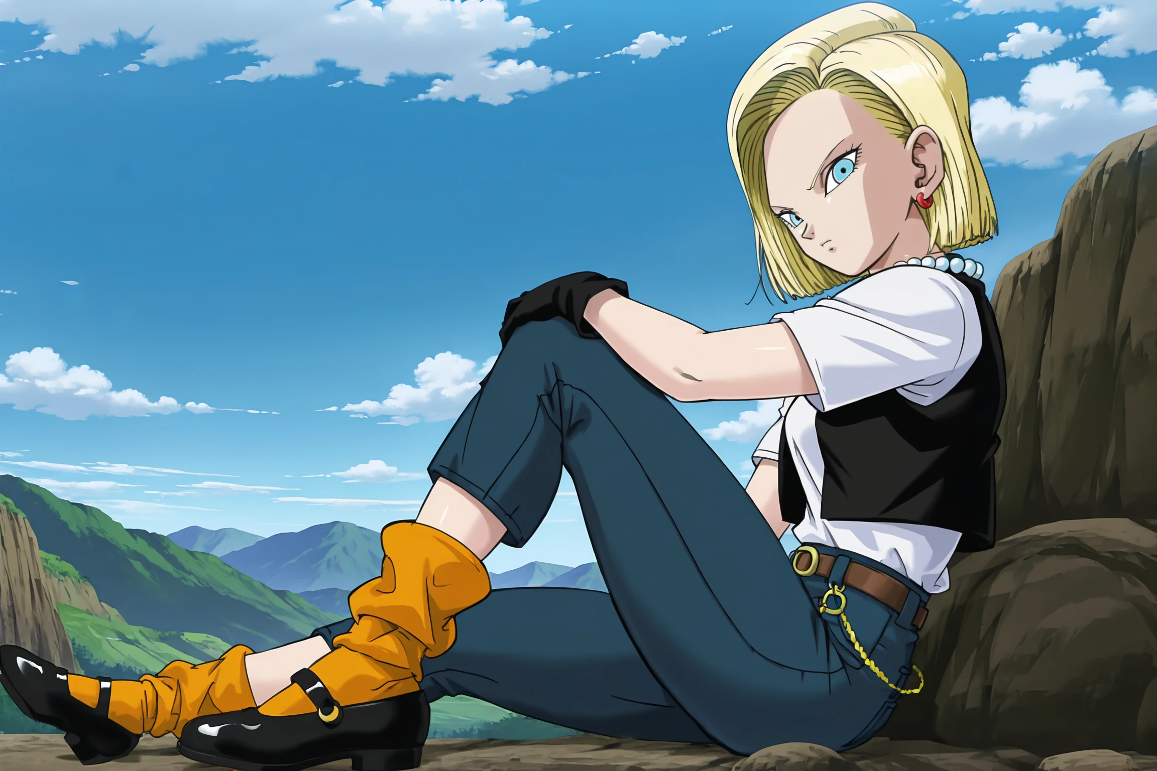 anime screencap, absurdres, high quality, official style,
android 18, cell saga, cell saga outfit, 1girl, solo, short hair, blue eyes, blonde hair, shirt tucked in, hand on own knee, sitting, full body, white shirt, outdoors, sky, mary janes, day, black gloves, loose socks, belt, high-waist pants, cloud, black vest, blue sky, denim, jeans, mountain, black footwear, blue bottomwear, from side, gold chain, knee up, orange legwear, pearl necklace, v-shaped eyebrows, v-shaped eyes, vest over shirt, short sleeves, mountainous horizon, rock, looking at viewer, 
 <lora:Android_18_-_Dragon_Ball:0.8>