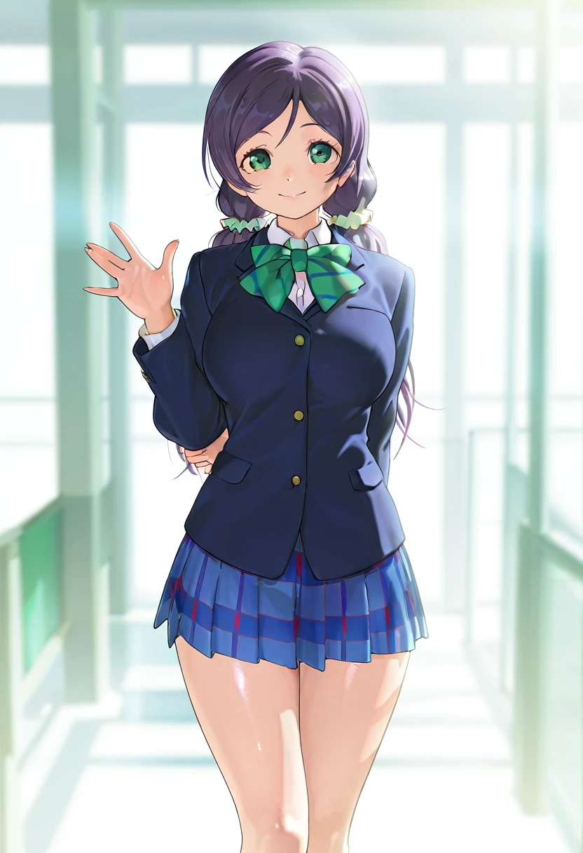 masterpiece, best quality, amazing quality, very aesthetic, absurdres, newest, scenery, volumetric lighting, depth of field, shiny skin,
1girl, solo, long hair, school uniform, otonokizaka school uniform, purple hair, twintails, skirt, jacket, green eyes, smile, blazer, low twintails, breasts, large breasts, bow, waving, winter uniform, white background, arm behind back, pleated skirt, looking at viewer, scrunchie, bowtie,
<lora:Small_head:1>
masterpiece, best quality, amazing quality, very aesthetic, absurdres, newest, scenery