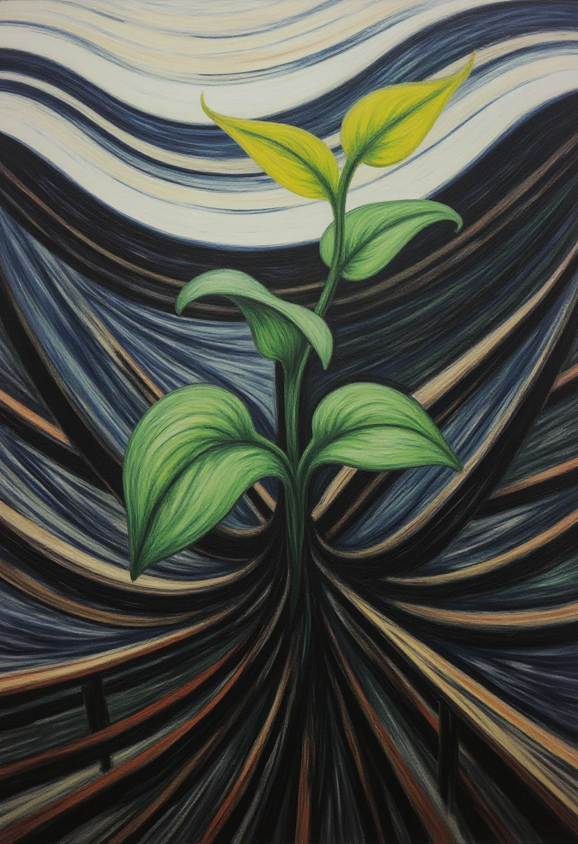 3dv4rd painting, Visualize a scene of a seedling pushing through an ashen pile. The stark contrast of life emerging from the aftermath of devastation. It's a testament to resilience and a symbol of rebirth. The new plant struggles but perseveres, a green beacon against a monochrome backdrop.