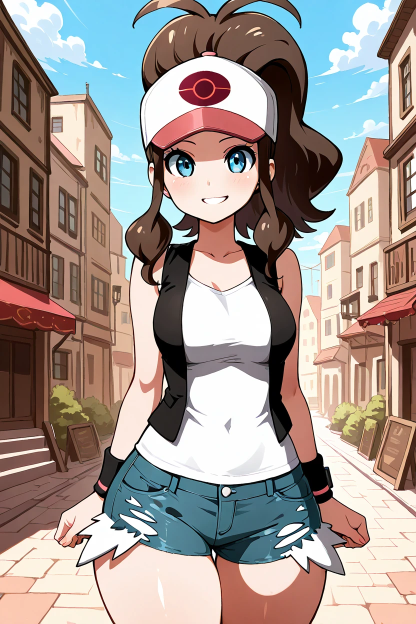 masterpiece, best quality, medium breasts, (curvy),  ,,, BREAK, zzHilda, blue eyes, long hair, high ponytail, sidelocks, hat, collarbone, white shirt, black vest, sleeveless, wristband, short shorts, denim shorts, exposed pocket, <lora:HildaPokemonIXL_e08:1.0>,BREAK,  smile, looking at viewer, cowboy shot,  <lora:QuickCuteIXL:1.0>, ,