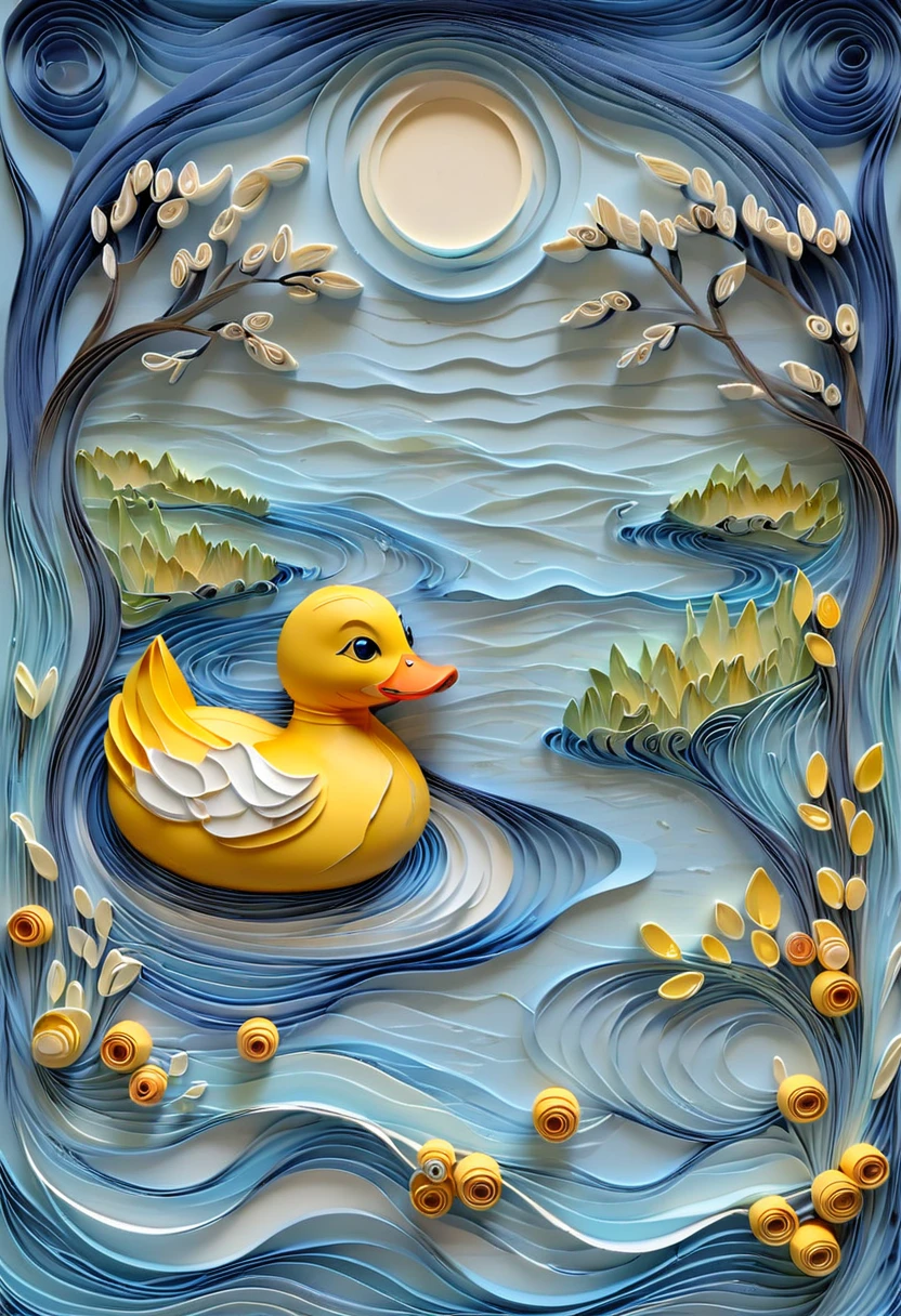 paper quilling, layered paper, river, yellow rubber duck, soft blue tones, rippling water
