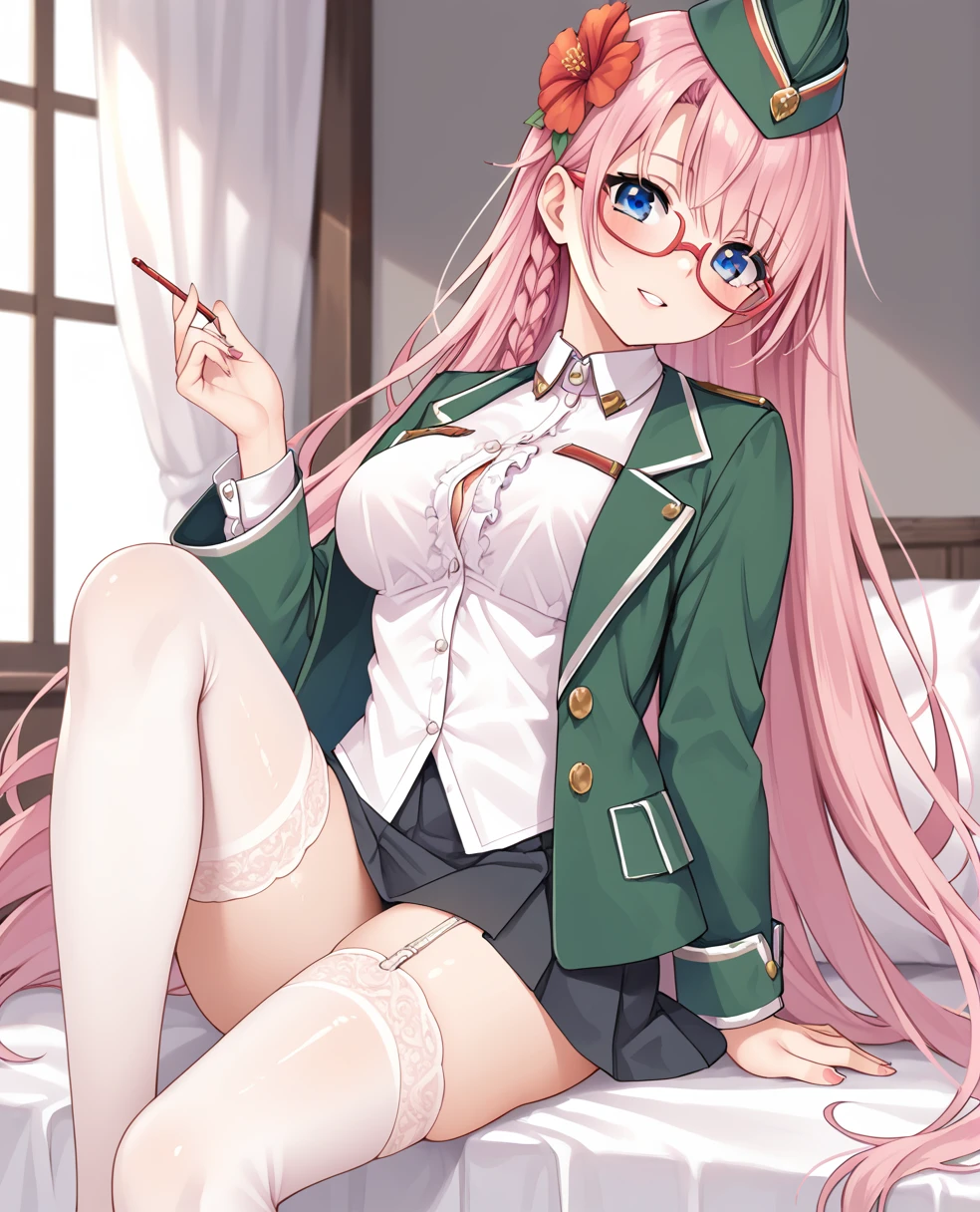 fnp-9, pink hair, blue eyes, hair ornament, red glasses, long hair,  <lora:FNP-9_Girls_Frontline:1> fnp-9, pink hair, blue eyes, hat, hair ornament, red glasses, long hair, green jacket, skirt, white thighhighs,, score_9, score_8_up, score_7_up, score_6_up, score_5_up,, detailed eyes, detailed face, detailed hands, <lora:detailed_notrigger:1>, (masterpiece), (best quality), (ultra-detailed), (best illustration), detailed face, skin pores, detailed skin, detailed eyes, high quality eyes, good quality hands, high resolution, great anatomy, high quality, highres,, skindetailpxl,  detailxl