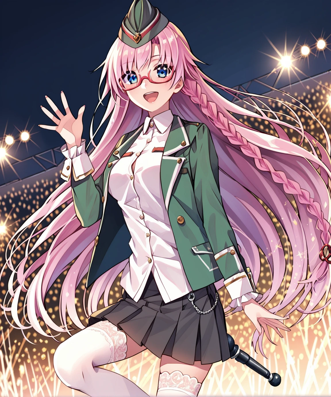 <lora:FNP-9_Girls_Frontline:1> fnp-9, pink hair, blue eyes, hat, hair ornament, red glasses, long hair, green jacket, skirt, white thighhighs, stage, performing, holding microphone, smiling, waving <lora:Concert_Stage:0.7> st4g3, concert, glowstick, stage lights, stage, crowd, microphone, source_anime, score_9, score_8_up, score_7_up, score_6_up, score_5_up,, detailed eyes, detailed face, detailed hands, <lora:detailed_notrigger:1>, (masterpiece), (best quality), (ultra-detailed), (best illustration), detailed face, skin pores, detailed skin, detailed eyes, high quality eyes, good quality hands, high resolution, great anatomy, high quality, highres,, skindetailpxl,  detailxl