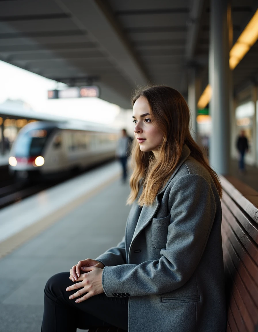 woman, samoilovaflux, Sitting on a bench at a train station wearing a grey wool coat,  <lora:samoilovafluxmini:1>