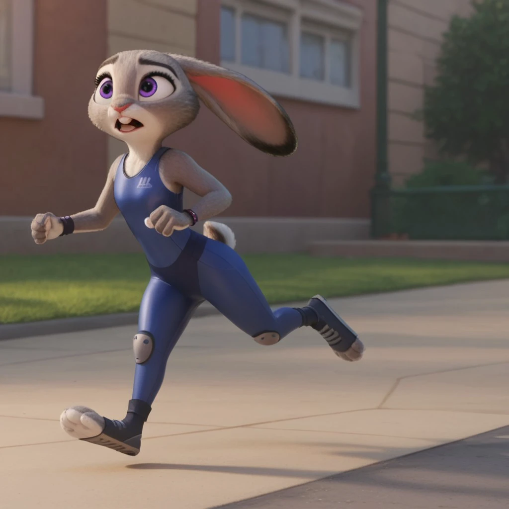 score_9, score_8_up, score_7_up, score_6_up, score_5_up, score_4_up, source_furry, hoppsJudyzt, anthro, female, bunny, grey fur, purple eyes, rabbit ears, rabbit tail, rabbit girl, buck teeth, running, in a park, bracelet, blue Workout Bodysuit