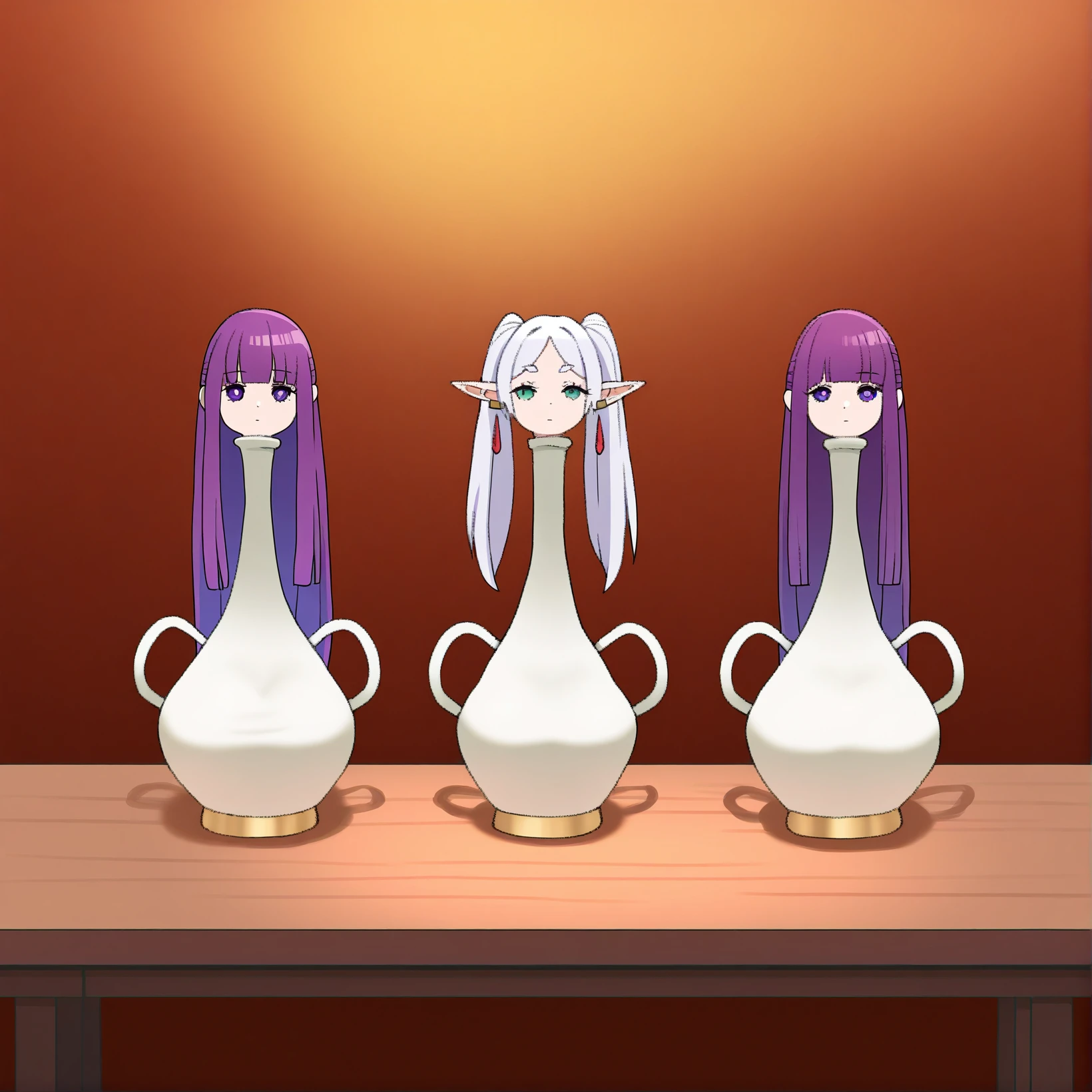 2girls, multiple girls, lineup, human-vase, long neck,handles, fern \(sousou no frieren\), huge breasts, white robe, frieren, small breasts, on table, purple hair, white hair,
masterpiece, best quality, absurd res, very aesthetic,
(nironiro, kubo tite, nm222hz, mumumu, bartolomeobari, namespace, comodomodo,reoen, yuyumu, pottsness, murata range, acrylic paint \(medium\), yabuki kentarou, ningen mame, quasarcake, dino \(dinoartframe\):0.6)
