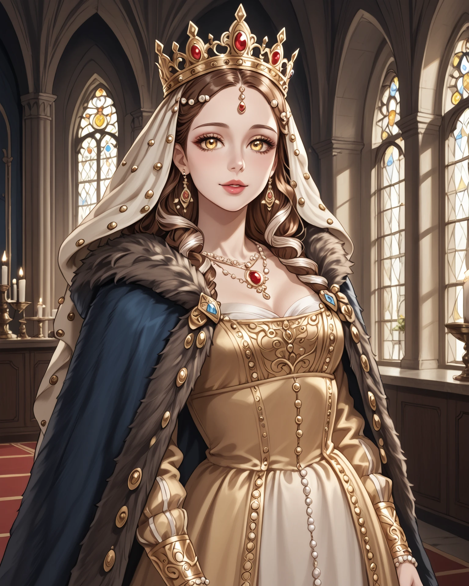 score_9, score_8_up, score_7_up, 1girl, wearing medfa, medfa clothing, waist-up, fur cloak, yellow and blue, castle interior, delicate pearls, long lashes, extremely detailed clothing, jacquard fabric, complex embroidery, gentle eyes, masterpiece, highest quality, absurdres, (extremely detailed,best quality:1.1), detailed face, detailed hair,  digital art, <lora:Medieval_Fashion_XL:1>,  <lora:OtherStyle_08-Merge5_06_04_02_02:0.4>,