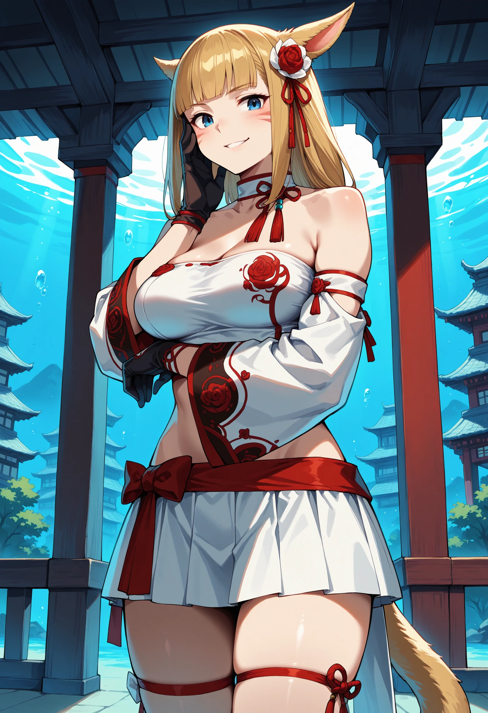 masterpiece, best quality, ,1girl, solo, cowboy shot, east asian architecture, underwater,  young woman, blonde hair, blue eyes, hime cut, long hair, miqo'te, animal ears, tail, cat ears,  BREAK  shisuiHealer, skirt, gloves, detached sleeves, choker, bandeau, midriff, thigh strap,  hair flower,  ribbon, (arm under breasts), hand on own face,  smirk, <lora:ShiSuiHealerIL:1>