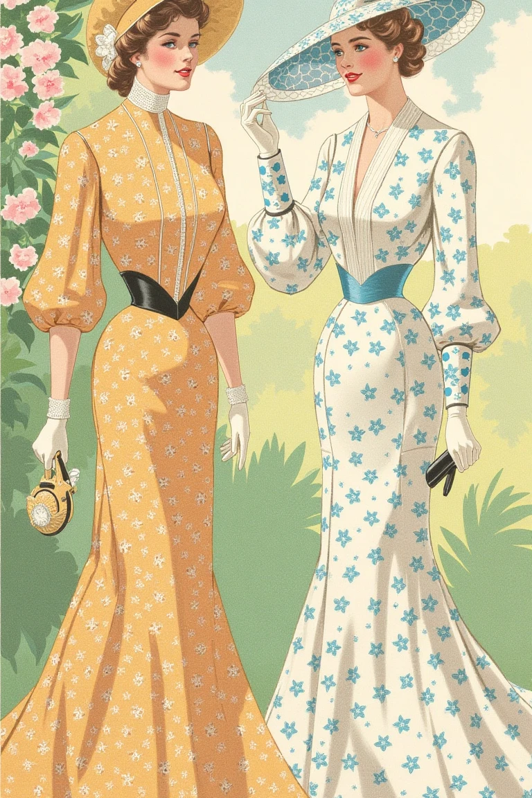 Illustration HBClaflin style two elegantly dressed women in vintage fashion, standing amidst a serene garden setting.