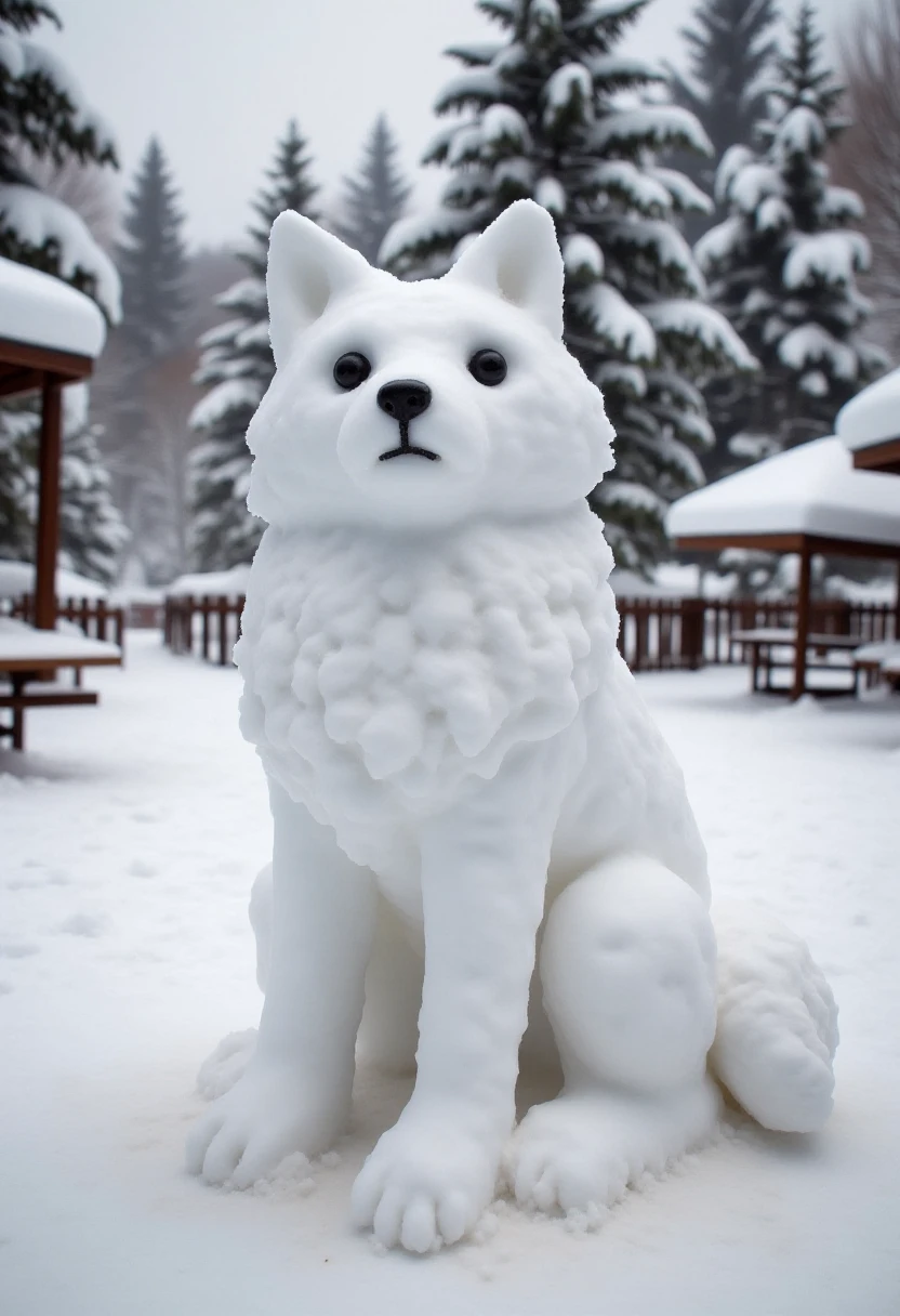 <lora:Amateur_Snowman_Sculptor_FLUX-000013:0.8>
Realistic photograph of a wolf snow sculpture, crafted entirely from snow.   The snow sculpture's texture is uneven, with some parts more compact and others more fluffy, typical of amateur hand-formed snow art.