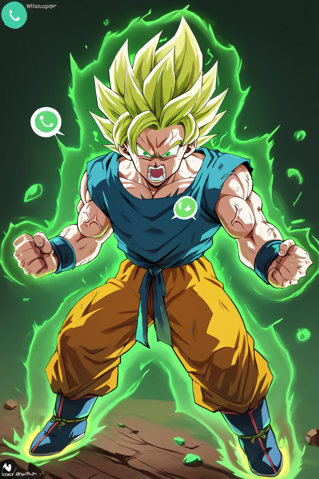 digital_media_(artwork), hi_res, score_9, score_8_up, score_7_up, score_6_up, score_5_up, score_4_up,  <lora:WhatsappDrip:1> (WhatsappDrip, Whatsapp logo, whatsapp),green eyes, green clothing,  <lora:Goku_Pony_XL:0.6> goku, pissed off, 100%, aura, screaming, ki, sayan2, green hair, super saiyan, green ki, glowing, angry, veins, muscular, full body