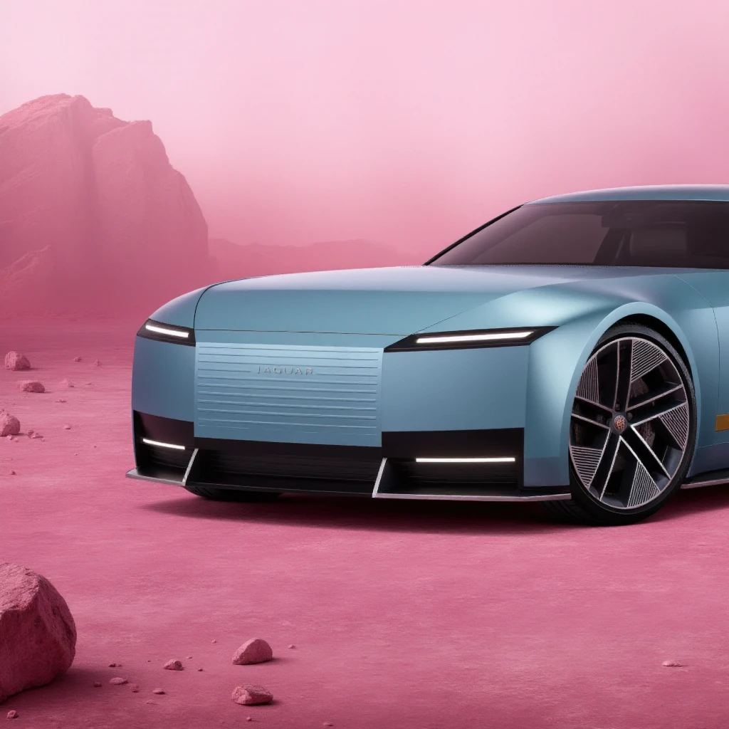 The jagtype00 car, blue car, in mars, pink desert with rocks, closeup, the logo writes "jaguar"