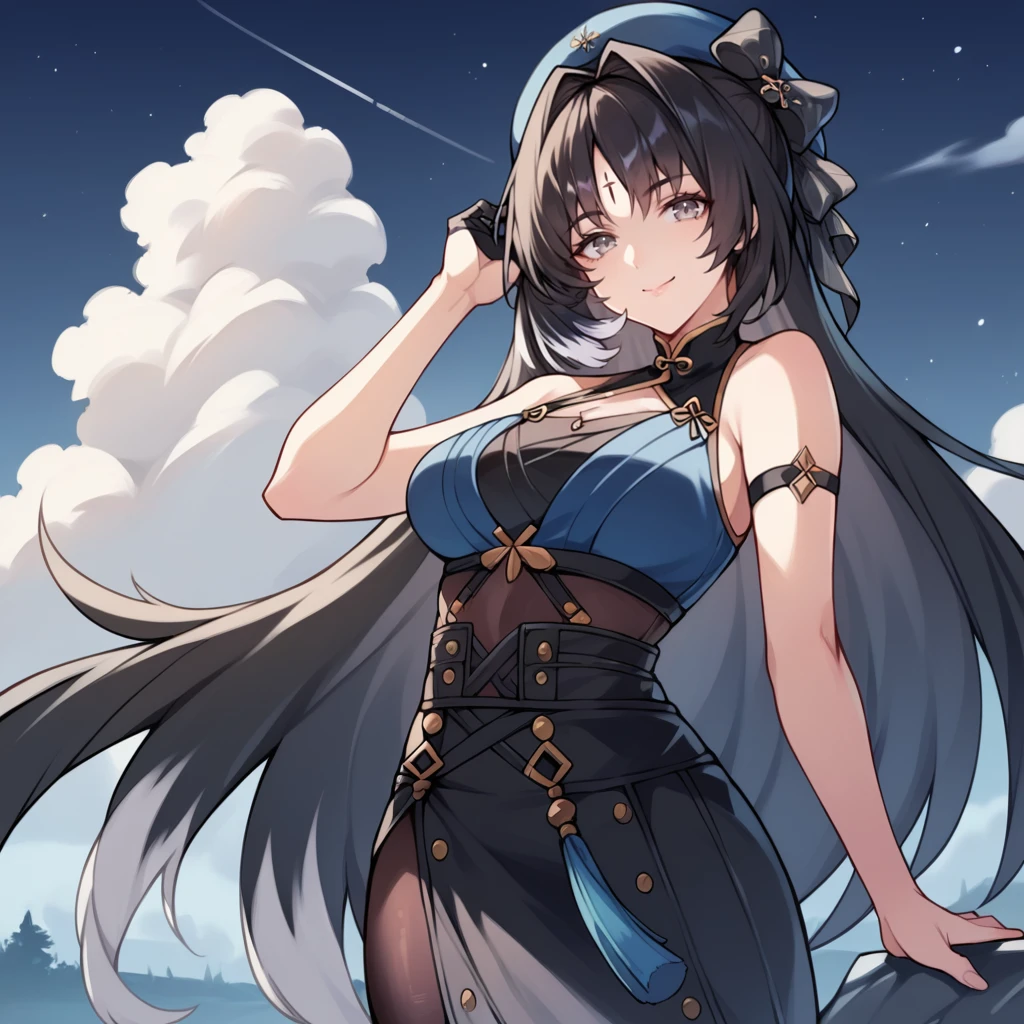 score_9_up, score_8_up, score_7_up, source_anime, 1girl, solo, night, clouds, starry sky, standing, hand in hair, looking at you, confident smile, closed mouth, angled shot, upper body, face focus, Yangyang, Yg_1st, forehead mark, black hair, long hair,  blue bra, halterneck, grey eyes, black collar, high-waist skirt, black skirt, long skirt, open skirt, white streaked hair, sleeveless dress, black dress, black pantyhose, armband, black gloves, single glove, underbust, blue headwear, beret, hair bow, black bow, sleeveless, mature body, dynamic cowboy shot, 