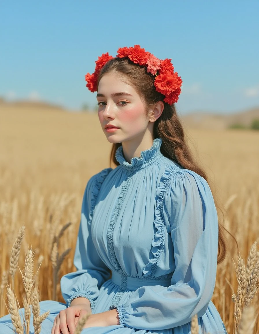This photograph, likely taken with a DSLR camera using a wide aperture for a shallow depth of field, captures a young woman in a blue dress with long sleeves and high neckline, with red floral headpieces, sitting in a golden wheat field under a clear blue sky. The composition employs the rule of thirds, drawing attention to the subject's contemplative expression. Natural lighting highlights her features, creating a soft, dreamlike atmosphere. The imageâs vivid colors and sharp focus on the subject contrast with the blurred background, emphasizing the subject's emotional depth. The photo's style evokes a sense of nostalgic, pastoral beauty, reminiscent of Romanticism. beautiful woman with normal average weight, she is not fat or obese, her head is small, in good proportion to the rest of the body, round face no chin dimple , detailed skin texture, P4st3l photography, film pastel toned photography, <lora:pastelphoto:1>