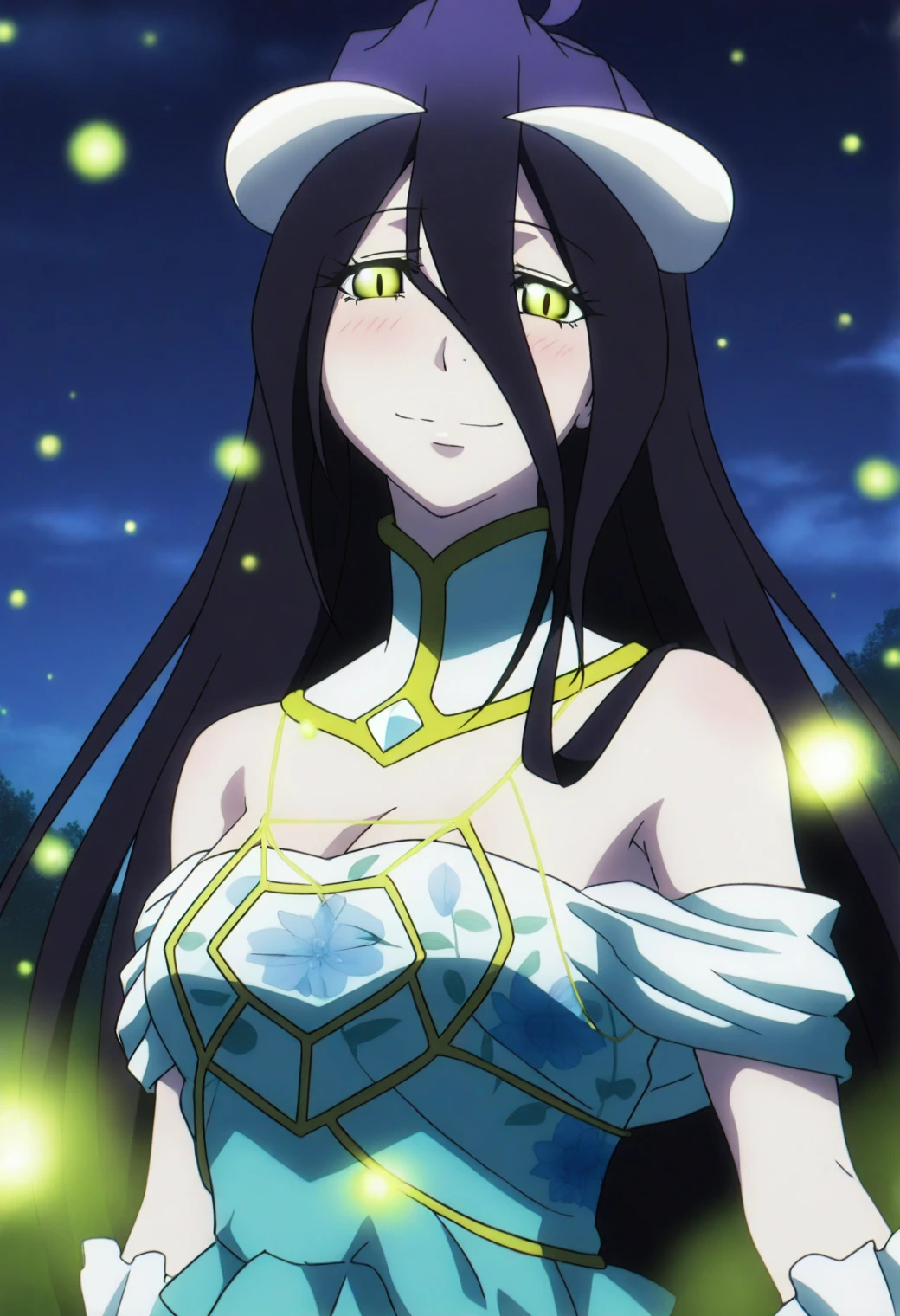 <lora:Albedo - [Overlord] - illustriousXL v1:1>, sysdeep_albedo, black hair, yellow eyes, horns, fairy ring, surrounded by fireflies, floral attire, soft smile, magical mood, anime coloring