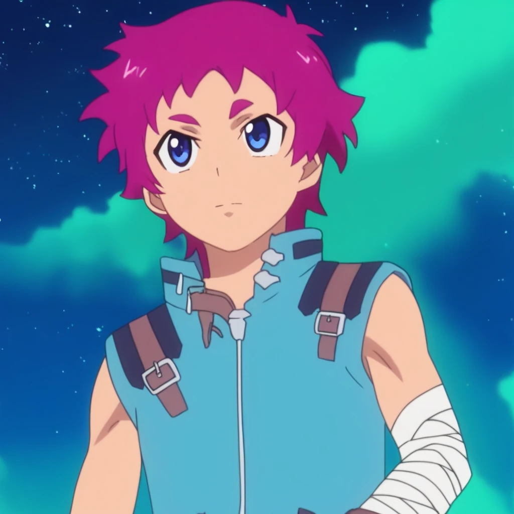 score_7, score_9, score_8_up, score_7_up, masterpiece, best quality, leo conrad, solo, blue eyes, sky, pink hair, night, star (sky), bandages on arm, short hair, starry sky, night sky, cloud, sleeveless, belt, intricate details, skinny, slim, small body, solo male, source_anime