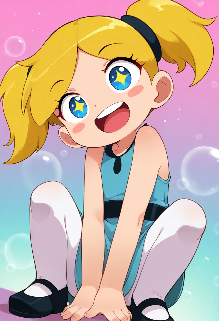 masterpiece, best quality, amazing quality, very aesthetic, absurdres, 1girl, solo,
<lora:Bleedman-IL:0.9> bldmn, dress, child, chibi, sleeveless, white pantyhose, black flats, bubbles, blonde hair, twintails, blue eyes \(ppg\), black belt,
solo, squatting,  arms between legs, dutch angle, hands, hanging hair, head tilt,  looking at viewer,, awed , blush stickers,  happy aura,  sparkling eyes,  open mouth,, birdâs eye view,