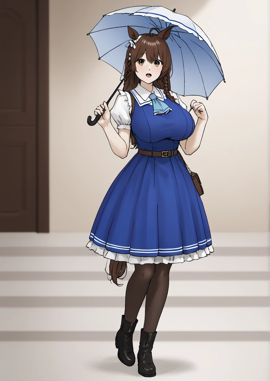 1girl, mejiro bright (umamusume), huge breast, , ahoge, animal ears, ascot, asymmetrical footwear, belt, black footwear, black pantyhose, blue ascot, blue dress, blush, boots, braid, brown belt, brown eyes, brown hair, dress, ear ornament, frilled dress, frills, full body, holding, holding umbrella, horse ears, long hair, looking at viewer, mismatched footwear, open mouth, pantyhose, parasol, puffy short sleeves, puffy sleeves, short sleeves, side braids, solo, umbrella, white footwear, zPDXL3 <lora:Breast Slider - Pony_alpha1.0_rank4_noxattn_last:3> <lora:HandFixer_pdxl_Incrs_v1:1> <lora:å¦ã
MEN:1>