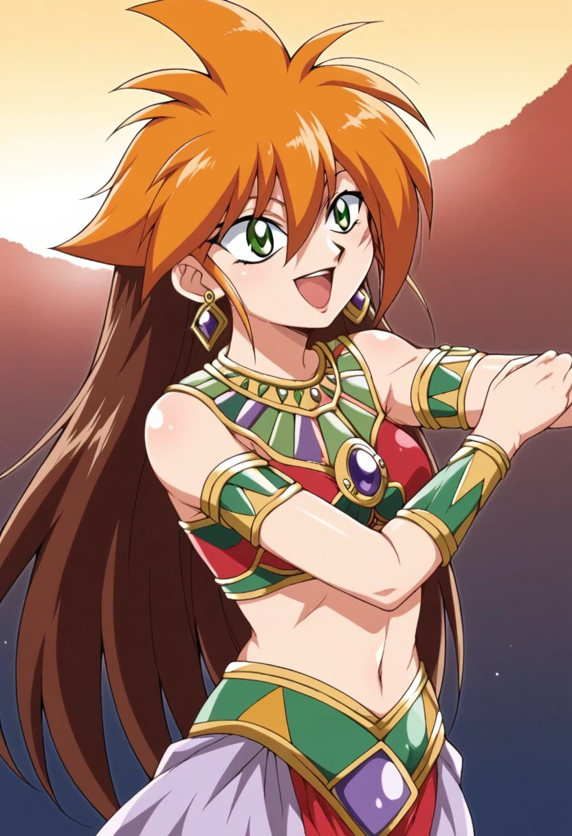 score 9, score 8 up, score 7 up, masterpiece_portrait, high quality, anime coloring, BREAK zPDXLx, mur4k4mi-ip,bayblade g revolution, julia fernandez, long hair, orange hair, brown hair, two-tone hair,  green eyes, 1girl, jewelry, open mouth, red hair, smile, midriff, dress, necklace, gem, tiaraearrings, brooch, arabian outfit, outdoors, dancing