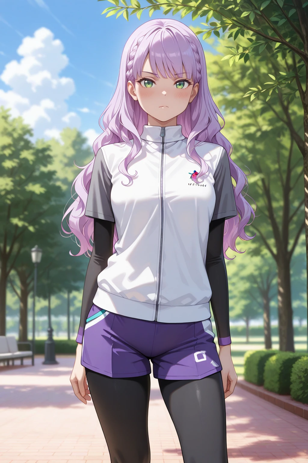 masterpiece, best quality, amazing quality, very aesthetic, absurdres, photorealistic, 1girl, solo,
<lora:wien_izo_IL:0.8>, wien, long hair, wavy hair, purple hair, green eyes, braid,
medium breasts, purple training shorts, black leggings under shorts, short sleeves, short over long sleeves, training shirt, layered sleeves,
seductive gaze, bedroom eyes, serious, closed mouth,
blush, looking at viewer, standing, contrapposto,
blurry background, outdoors, blue sky, clouds, tree, park,