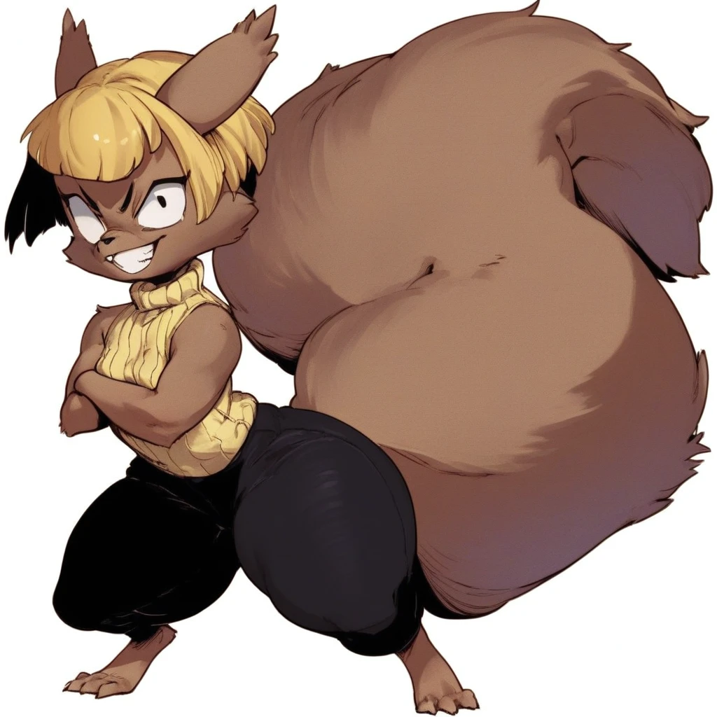 score_9, score_8_up, score_8, score_7, source_furry, daigaijin, Solo, 1girl, anthro, female furry, squirrel, rodent, brown fur, blonde hair, short hair, long tail, fluffy tail, black eyes, shortstack, small breasts, digigrade feet, full body, black pants, yellow sleeveless turtleneck, arms crossed, looking at viewer, happy, grin, white background,