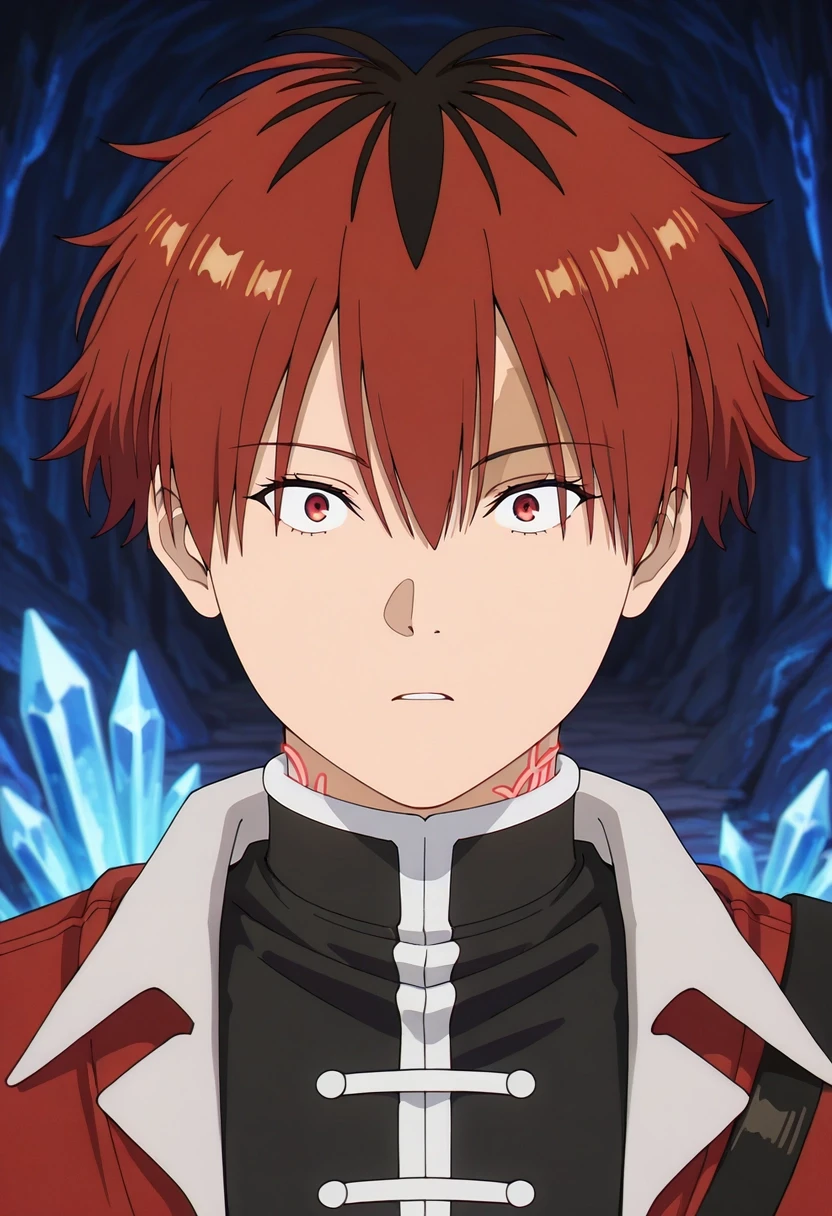 masterpiece, best quality, intricate details, (photorealistic:0.6), , depth of field, 1boy, solo, male focus, <lora:stark_sousou_no_frieren_ilxl:0.9>, stark_sousou_no_frieren, red hair, red eyes, short hair, bangs, hair between eyes, multicolored hair, two-tone hair, black hair, crystal mines, glowing veins, mineral pools, crystal clusters, mining pose, determined expression, cave lighting,