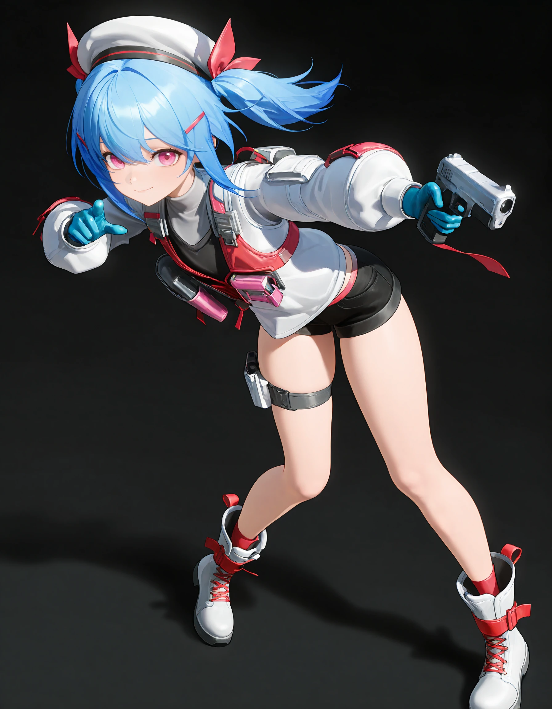 closed smile,black background,masterpiece,best quality,
colphnemgf2,1girl,solo,hat,hair ornament,blue hair,twintails,short twintails,pink eyes,jacket,white jacket,latex gloves,blue gloves,thigh strap,sneakers,white footwear,boots,holster,smile,full body,simple background,looking at viewer,bangs,closed mouth,hairclip,standing,medium hair,gray shirt,black shorts,black vest,white and red jacket,red laces boots,<lora:ColphneTest5:1>,holding gun,Pointing gun at viewer,