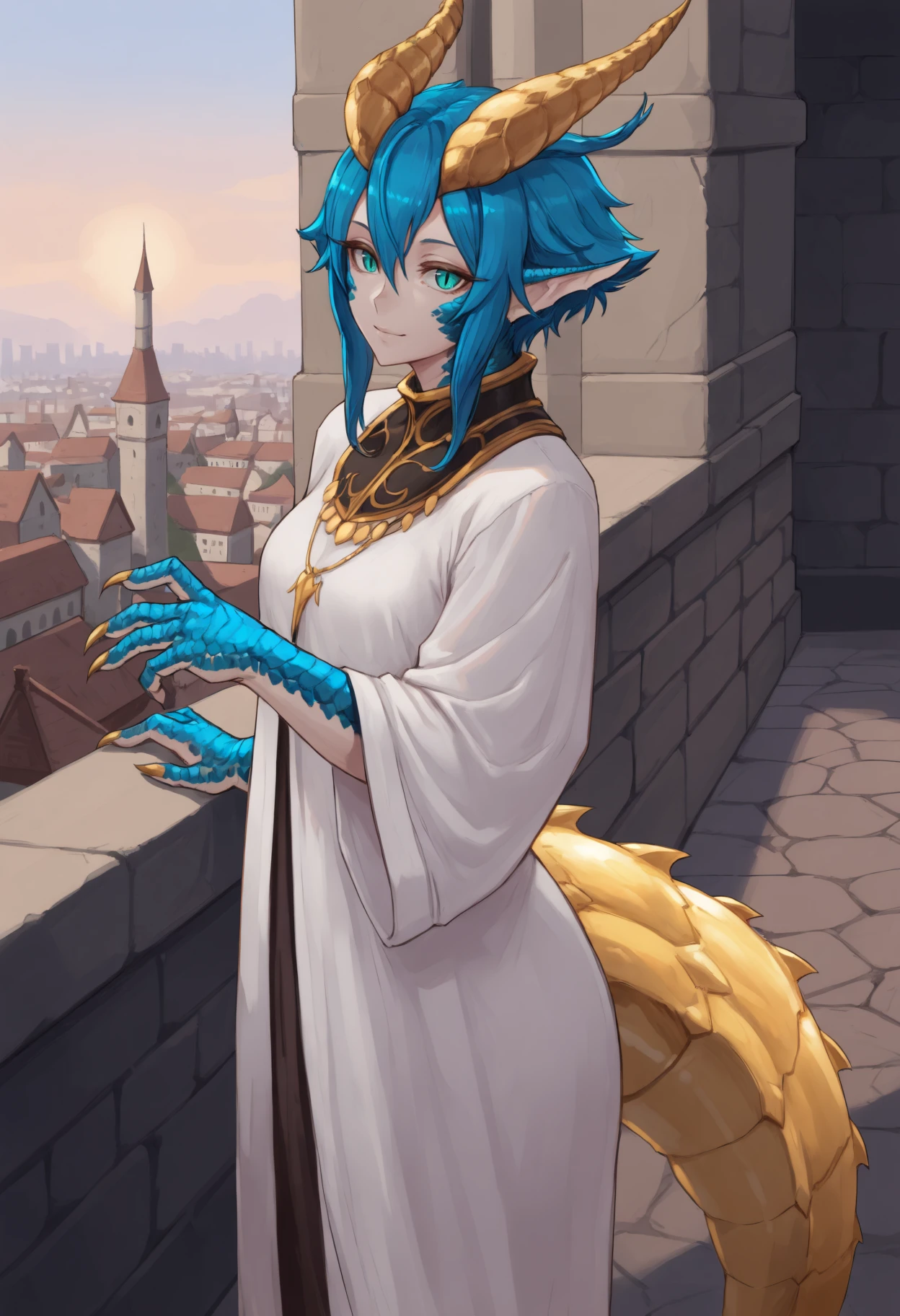 masterpiece, best quality, 1girl, monster girl, horns, blue scales, aqua eyes, slit pupils, animal ears, pointy ears, short hair with long locks, hair between eyes, blue hair, yellow tail, gold tail, yellow tail scales, animal hands, claws, gold nails, medium breasts,
white robe, necklace,
looking at viewer, light smile, head tilt, standing, cowboy shot,
indoors, cityscape, medieval, fantasy, stone, tower, view over city, high ground, side view,
<lora:Skadi-Dragenfelt-NoobAi-1.1_V1-Manityro-CAME:1>,