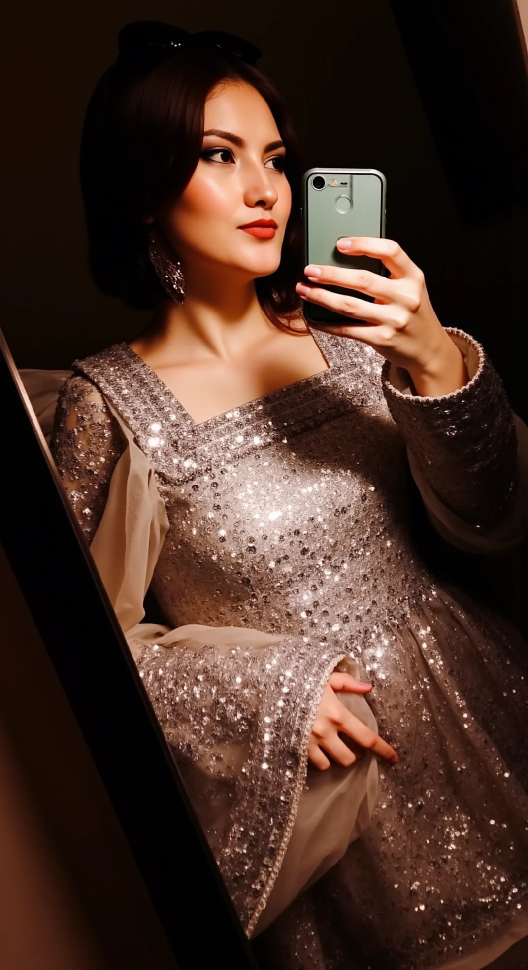 selfie of parwanafluxho in a mirror wearing beautiful Hazara dress. The selfie is an amateur photo and has the flash going off. It's a realistic photo, in parwanafluxho room. The room in the background is a typical German room, the room is dark. parwanafluxho has a very slender body with very small breasts. 