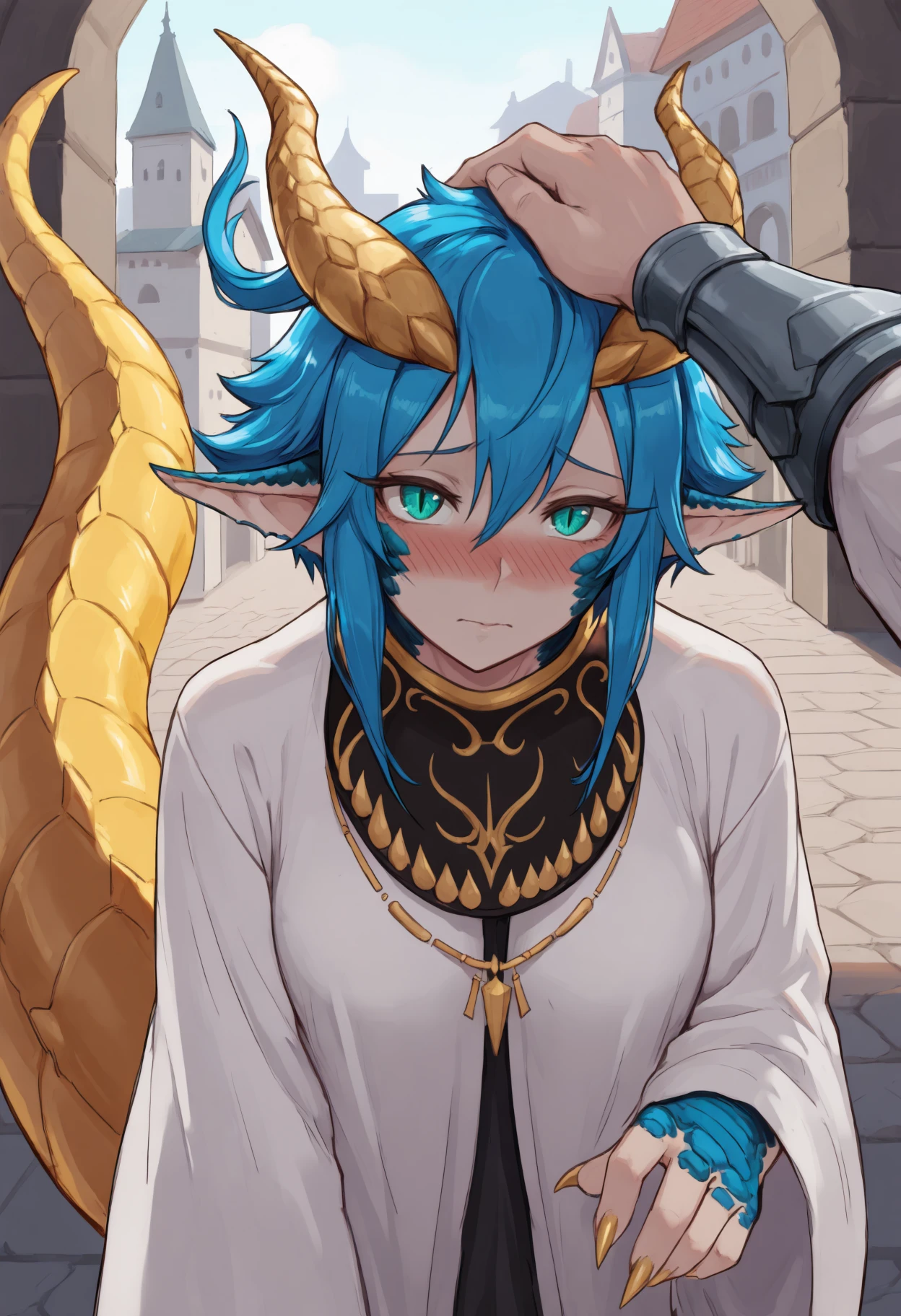 masterpiece, best quality, 1girl, monster girl, horns, blue scales, aqua eyes, slit pupils, animal ears, pointy ears, short hair with long locks, hair between eyes, blue hair, yellow tail, gold tail, yellow tail scales, animal hands, claws, gold nails, medium breasts,
white robe, necklace,
looking at viewer, shy, nose blush, head tilt, portrait, headpat, hand pov, close-up, face focus, interspecies,
indoors, cityscape, medieval, fantasy, stone, tower, view over city, high ground,
<lora:Skadi-Dragenfelt-NoobAi-1.1_V1-Manityro-CAME:1>,